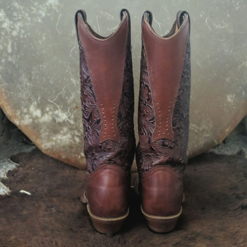BOULET #2069 hand tooled brown leather square toe cowgirl western boots sz 7 EUC - Picture 4 of 16